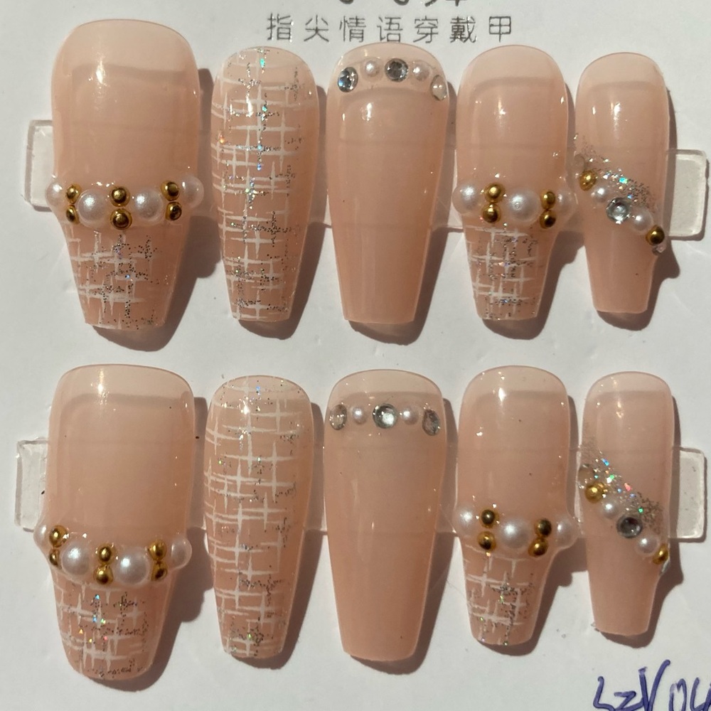 [S] 💅10Pcs Wearable Press on Nail Long French Luxury Designer Beige Tweed Pearls